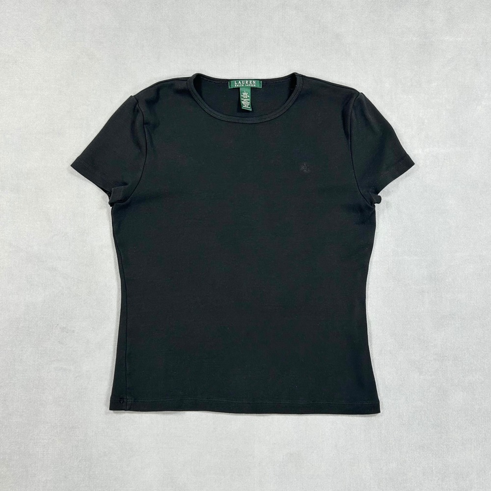 Vintage Y2K Lauren Ralph Lauren Baby Tee Women Large Black 100% Cotton Crew Neck